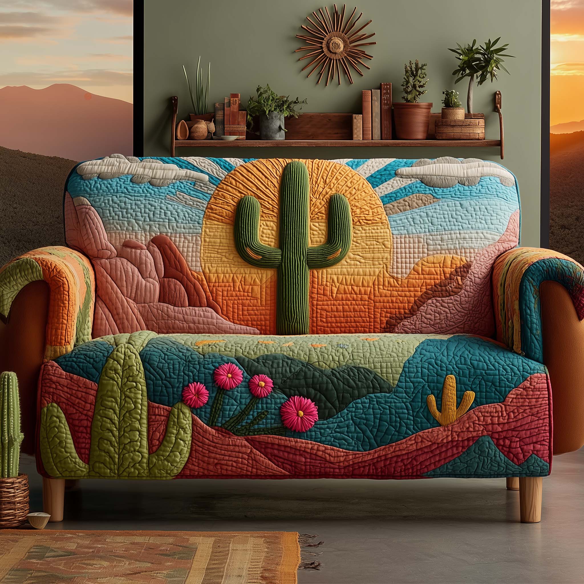 Sacred Cactus Quilted Sofa Cover Southwest Home Couch Cover Unique Home Decor Finds - Tradiviet
