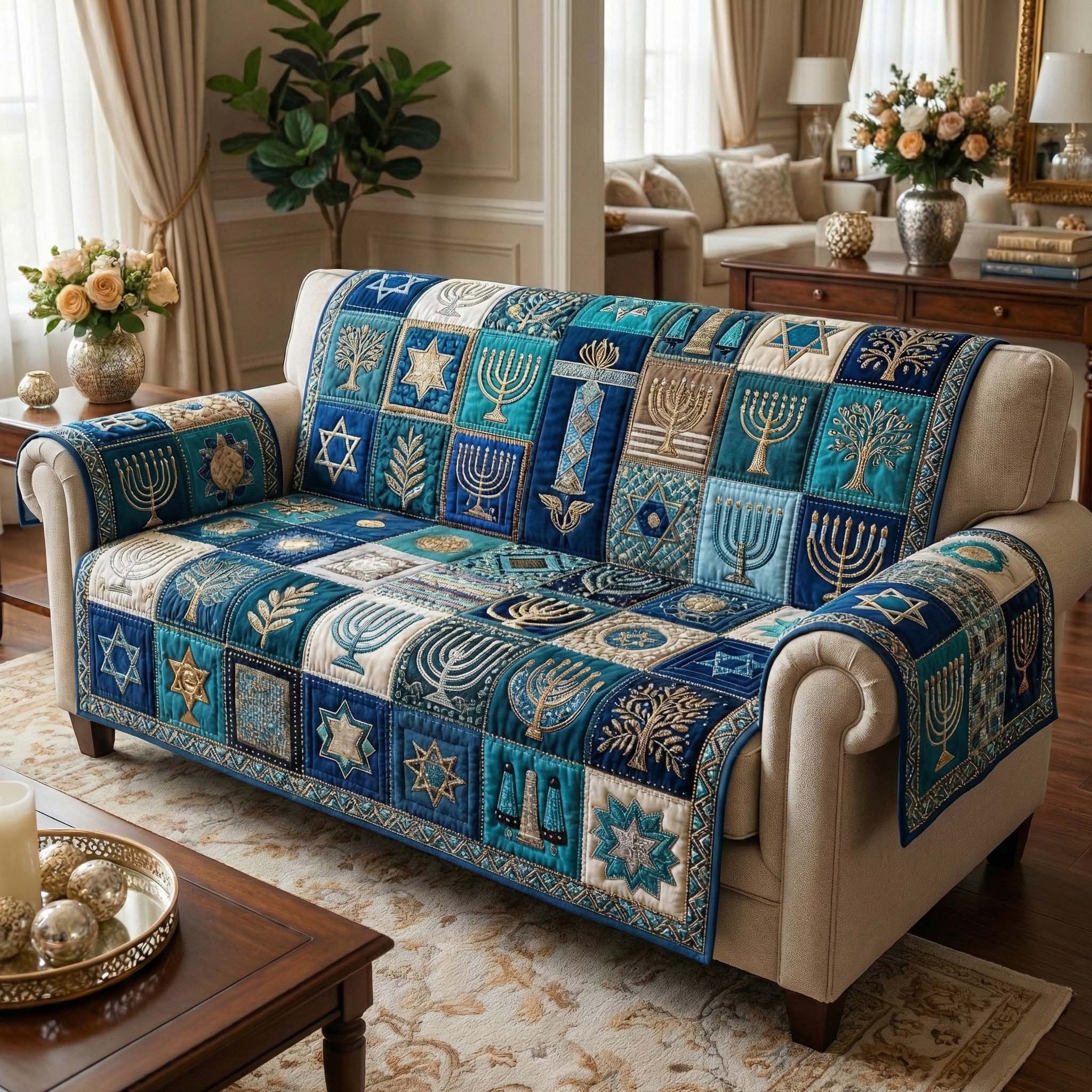 Sacred Symbols Quilted Sofa Cover Tribal Home Couch Cover Gifts For New Homes - Tradiviet