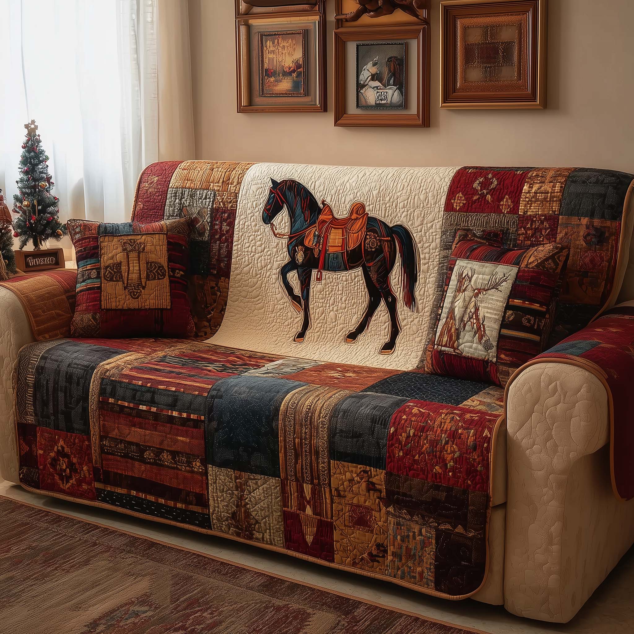 Saddled Ebony Quilted Sofa Cover Western Home Couch Cover House Lover Gift Ideas - Tradiviet