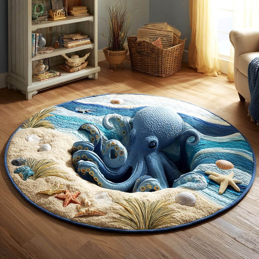 Sandy Octopus Abyss Tentacles Quilted Round Mat Whimsical Beach Whirl Hole Area Circle Rug - Tradiviet