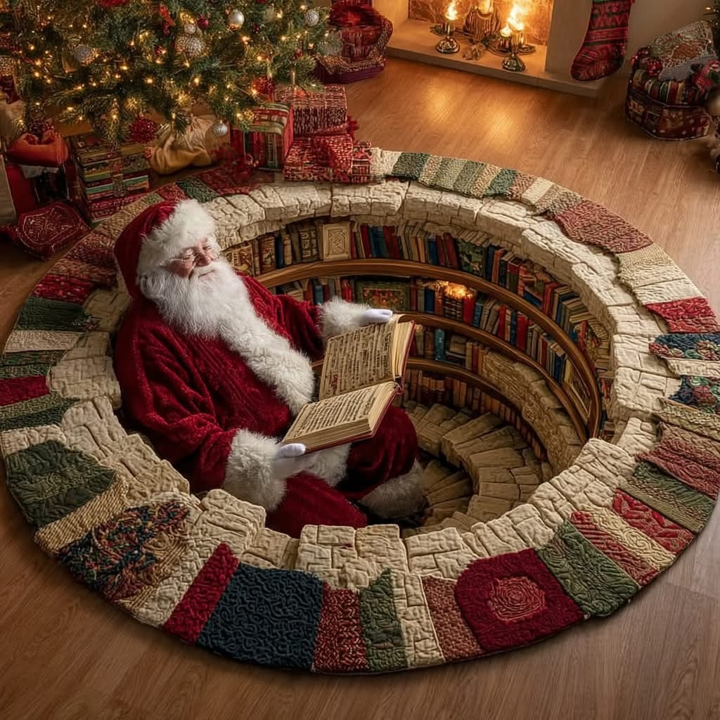 Santa Claus Library Christmas Round Mat Circle Rug Decorations Gifts For Book Lovers - Tradiviet