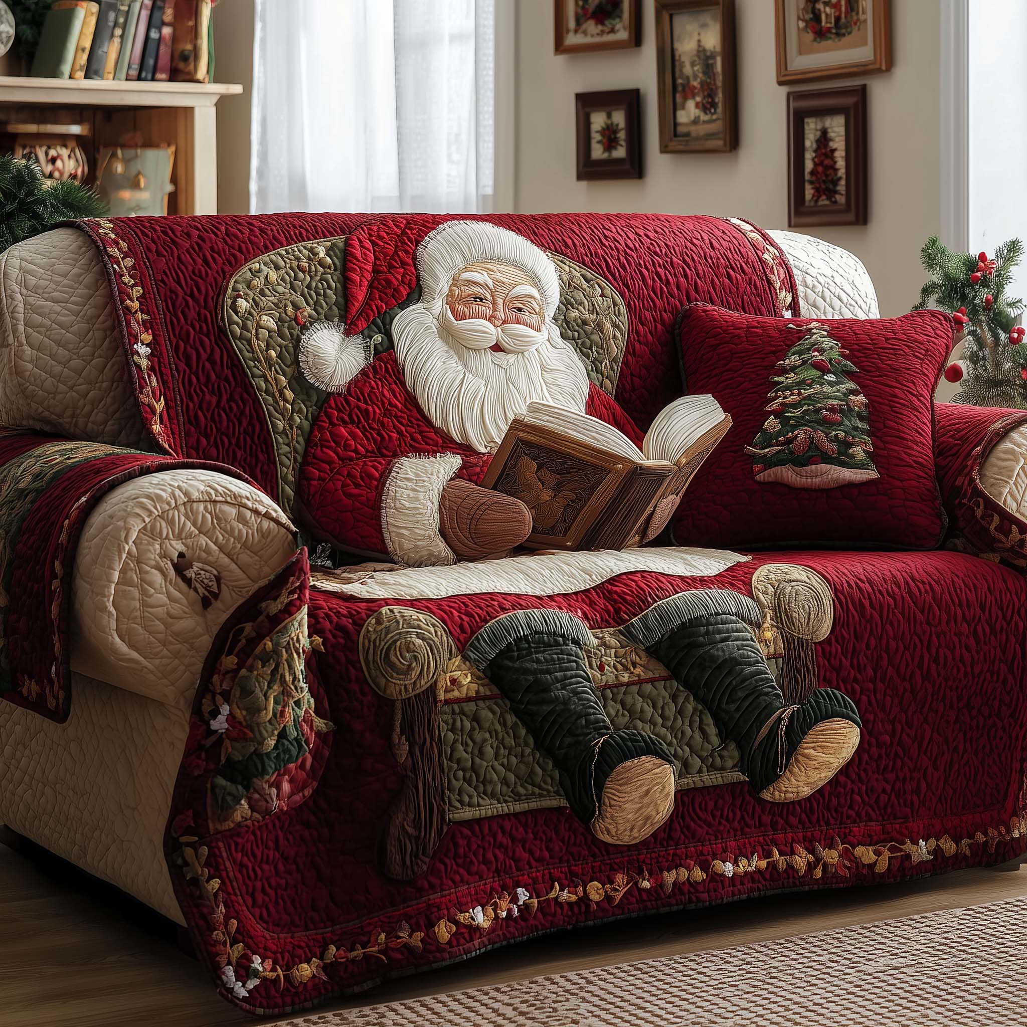 Santa Claus Quilted Sofa Cover Christmas Home Couch Cover Gift For Home Decor - Tradiviet