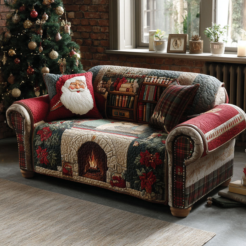 Santa Library Lounge Quilted Sofa Cover Christmas Couch Cover Book Themed Birthday Presents - Tradiviet