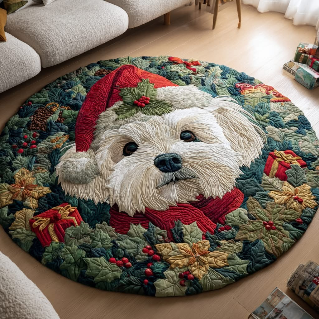 Santa Maltese Dog Christmas Quilt Round Mat Xmas Holiday Furniture Ideas For Dog Lovers - Tradiviet