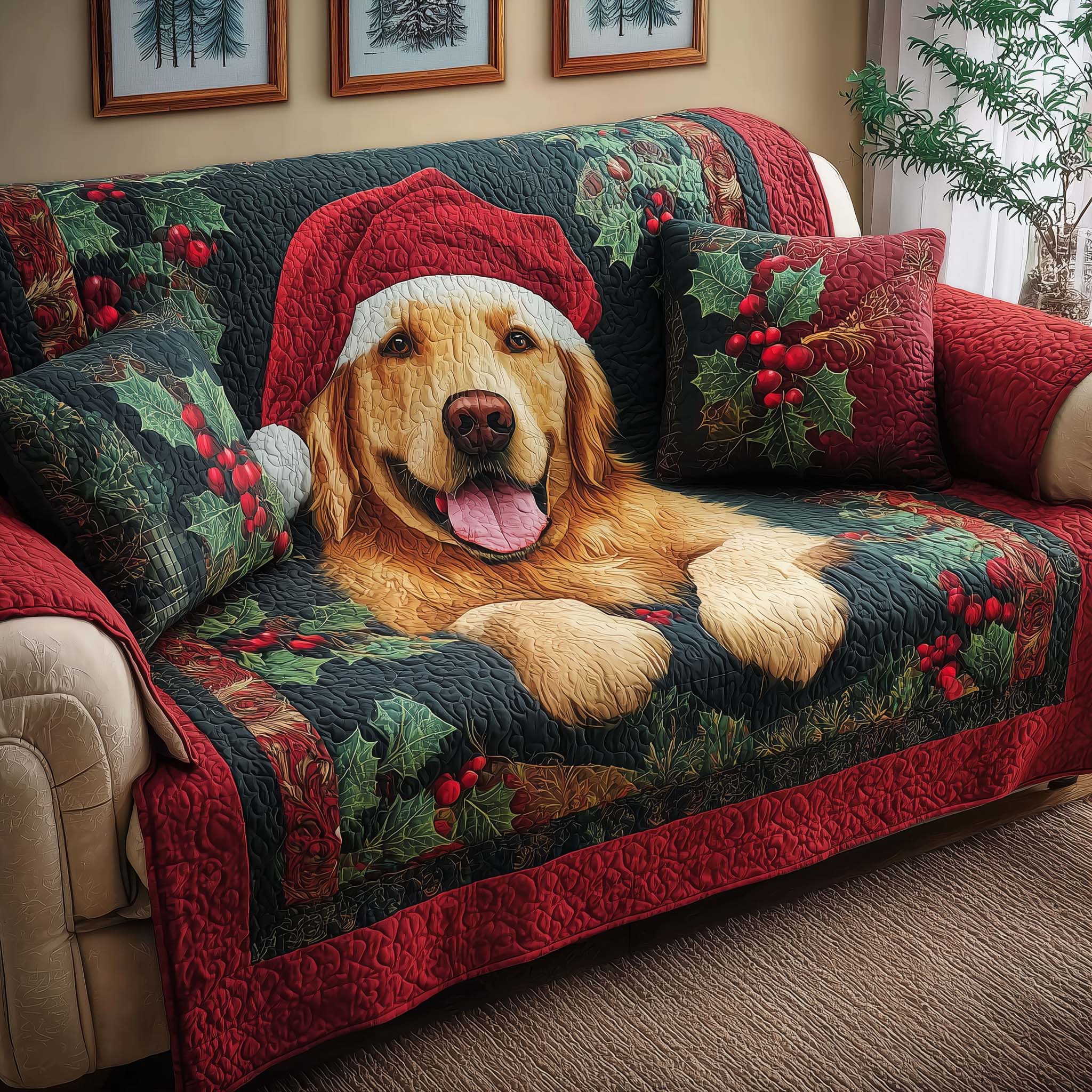 Santa Retriever Quilted Sofa Cover Christmas Home Couch Cover House Lover Gift Ideas - Tradiviet