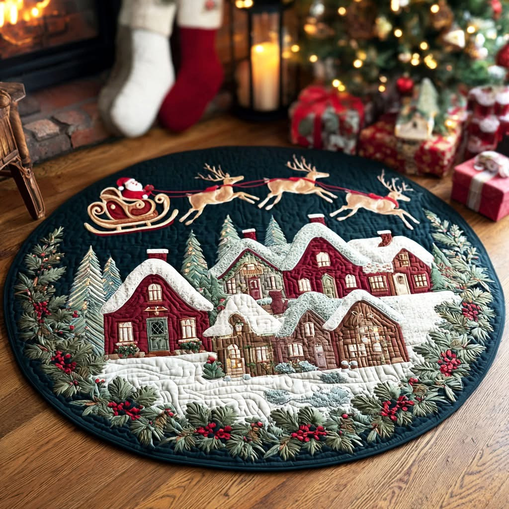 Santa's Sleigh Village Night Quilted Christmas Round Mat Holiday Xmas House Decorations 2025 - Tradiviet