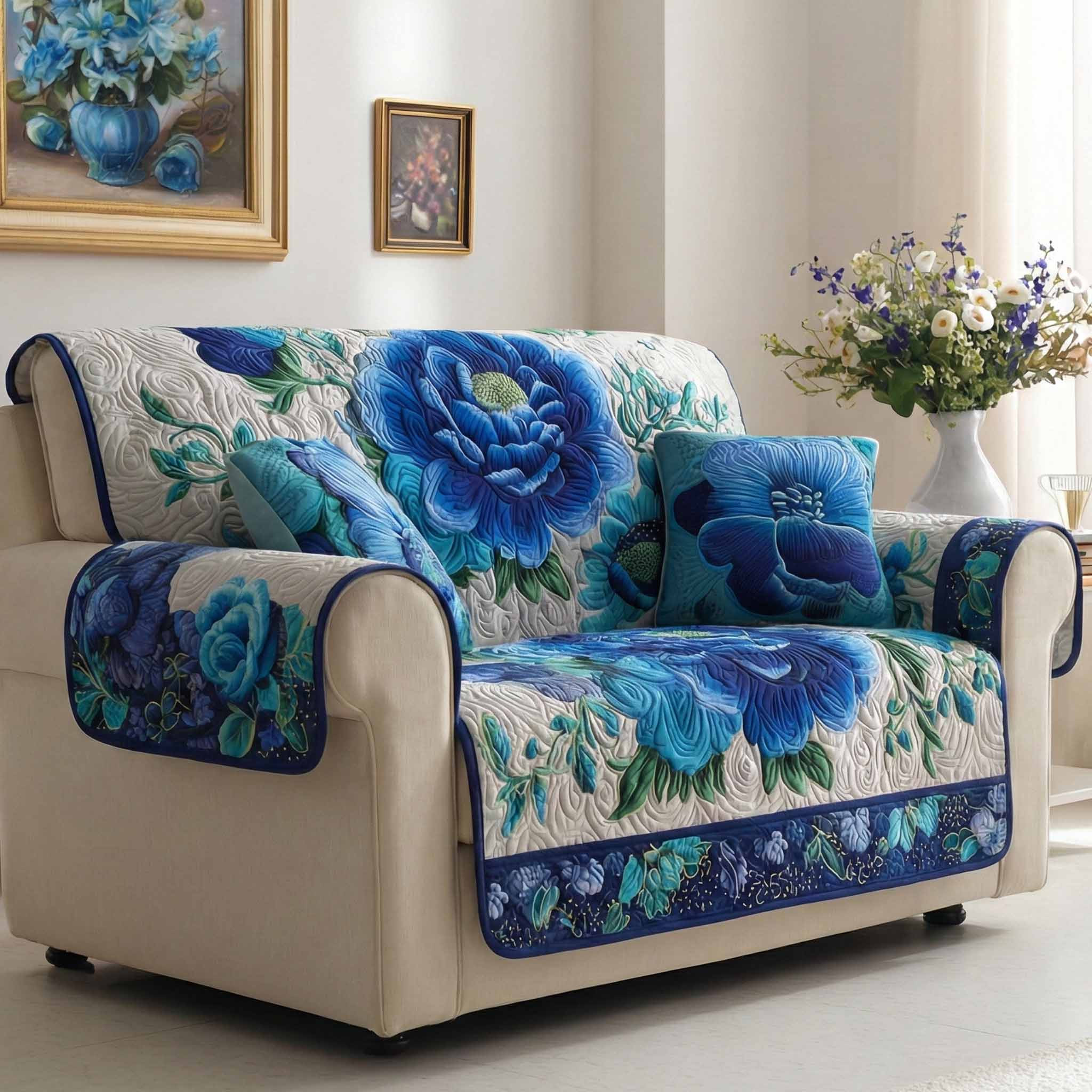 Sapphire Bloom Quilted Sofa Cover Couch Cover Good Gifts For Mom Birthday - Tradiviet