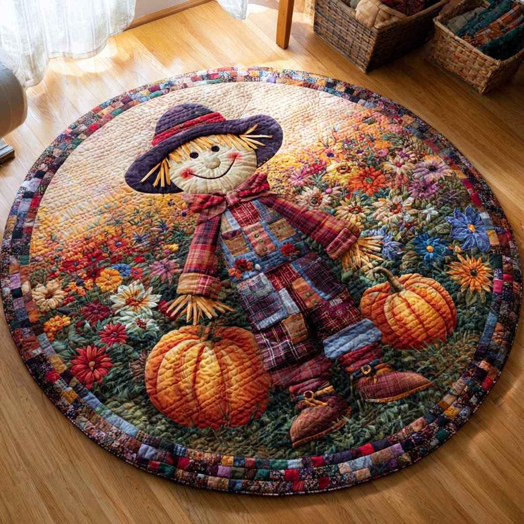 Scarecrow Floral Pumpkin Halloween Quilted Round Mat Circle Rug Autumn Fall Decorations - Tradiviet