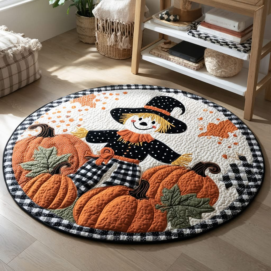 Scarecrow Pumpkin Halloween Quilted Round Mat Circle Rug Autumn Fall Indoor House Decor - Tradiviet
