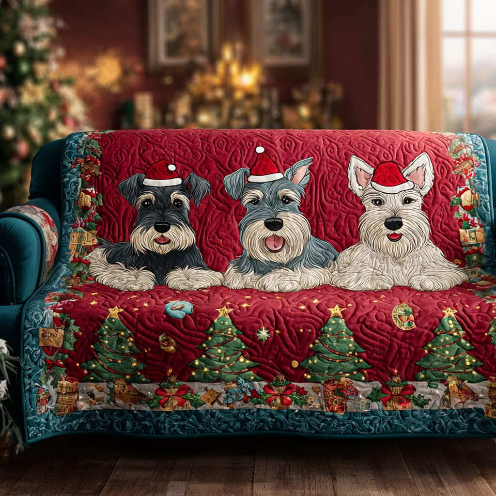 Schnauzer Dogs Wearing Santa Hats Quilted Sofa Cover Christmas Couch Covers Gift For Dog Lovers - Tradiviet