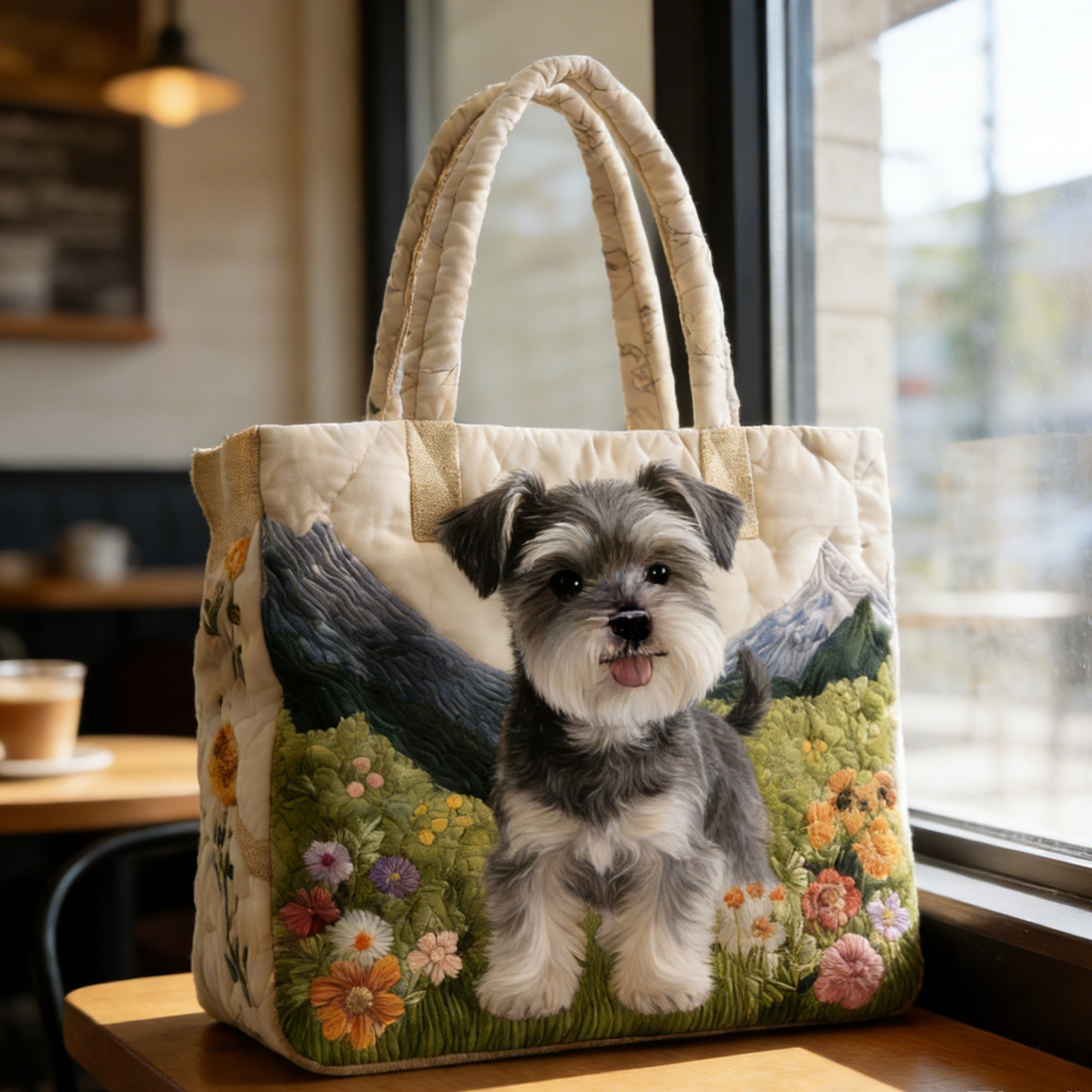 Schnauzer Quilted Tote Bag Floral Cute Dog Tote Bag Best Gifts For Schnauzer Lovers - Tradiviet