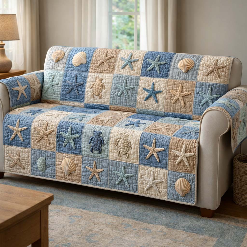 Sea Blocks Quilted Sofa Cover Coastal Home Couch Cover Gift For House Lover - Tradiviet
