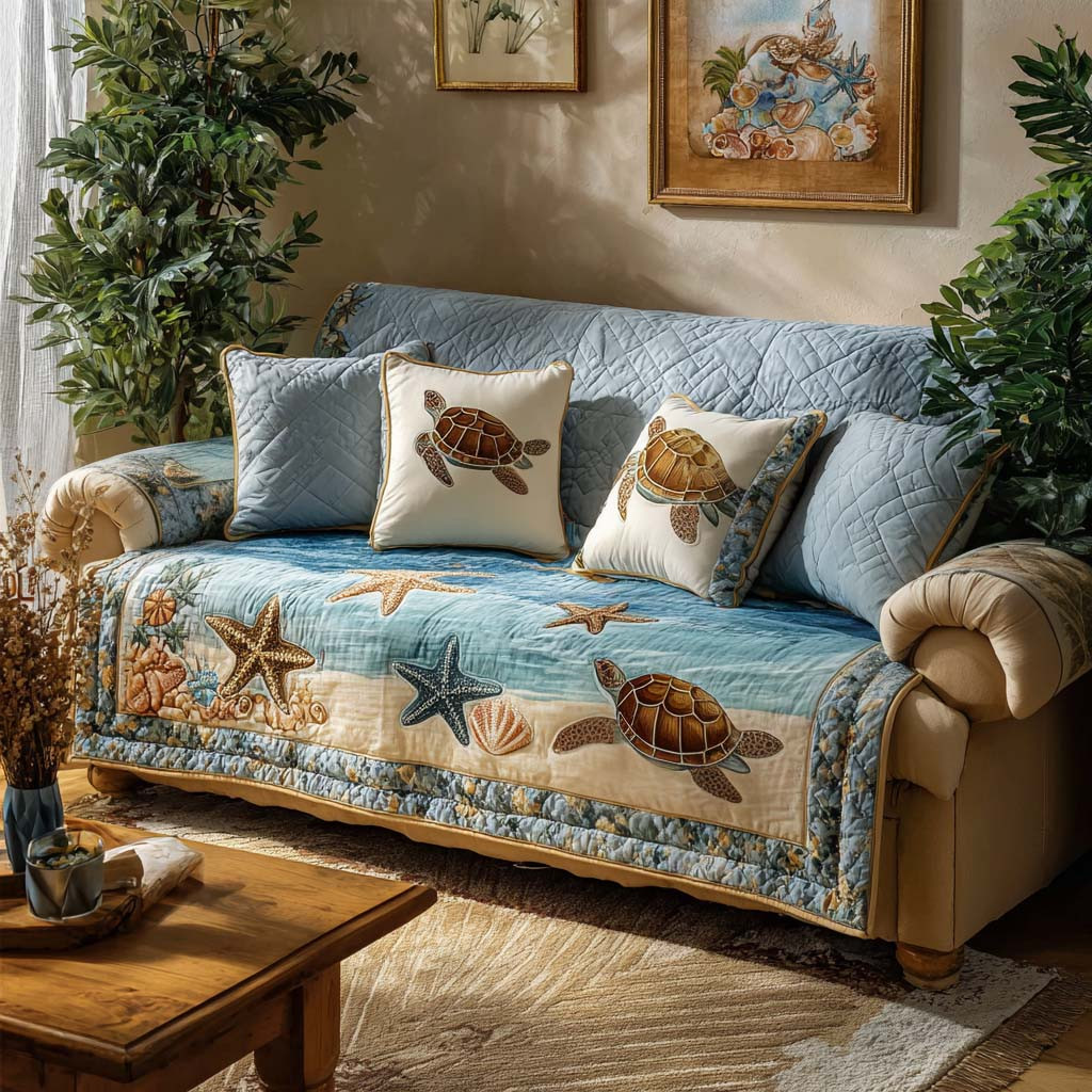 Sea Breeze Turtle Quilted Sofa Cover Best Sofa Cushion Covers Sea Turtle Gifts For Her - Tradiviet