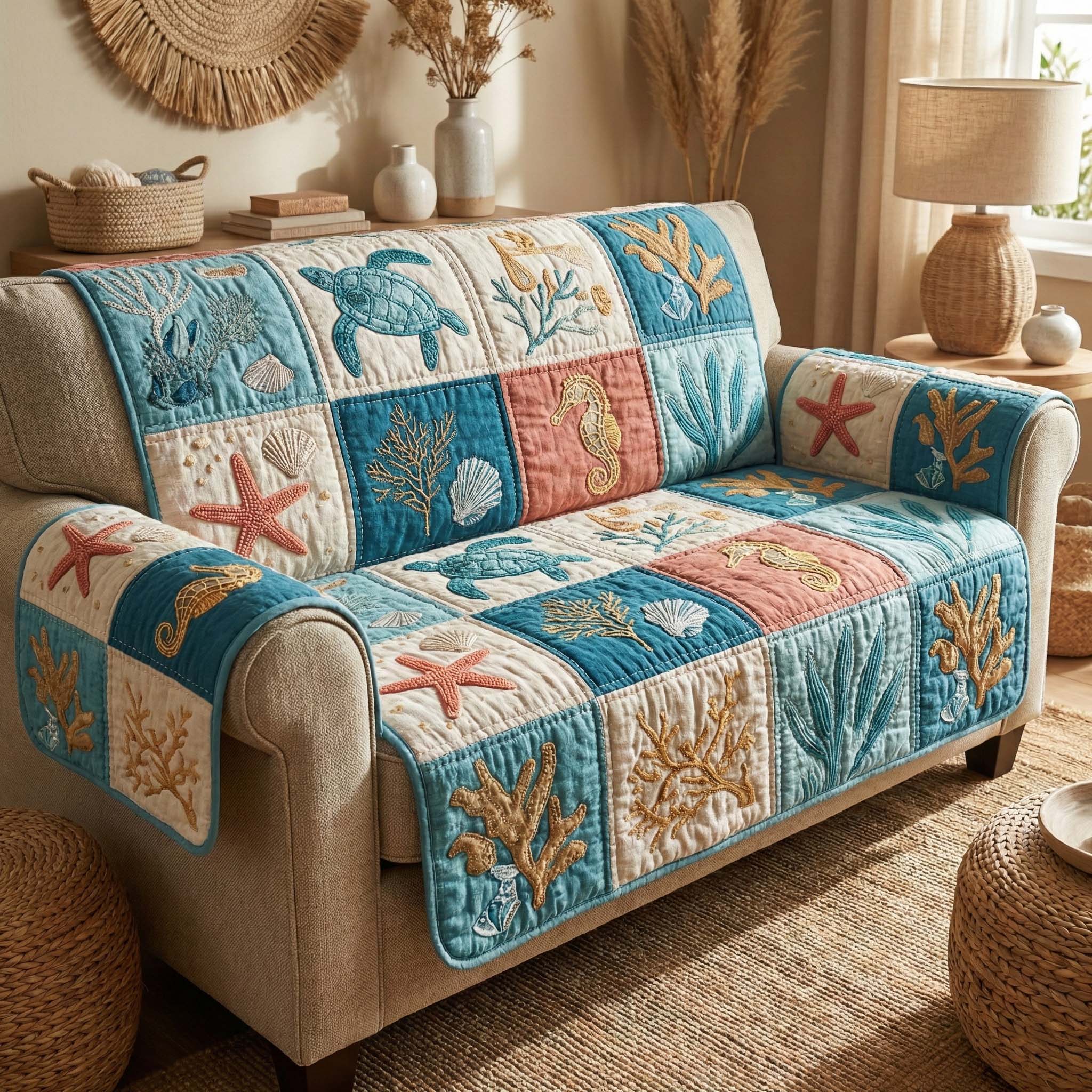 Sea Treasures Quilted Sofa Cover Coastal Home Couch Cover Best Housewarming Gift Ideas - Tradiviet