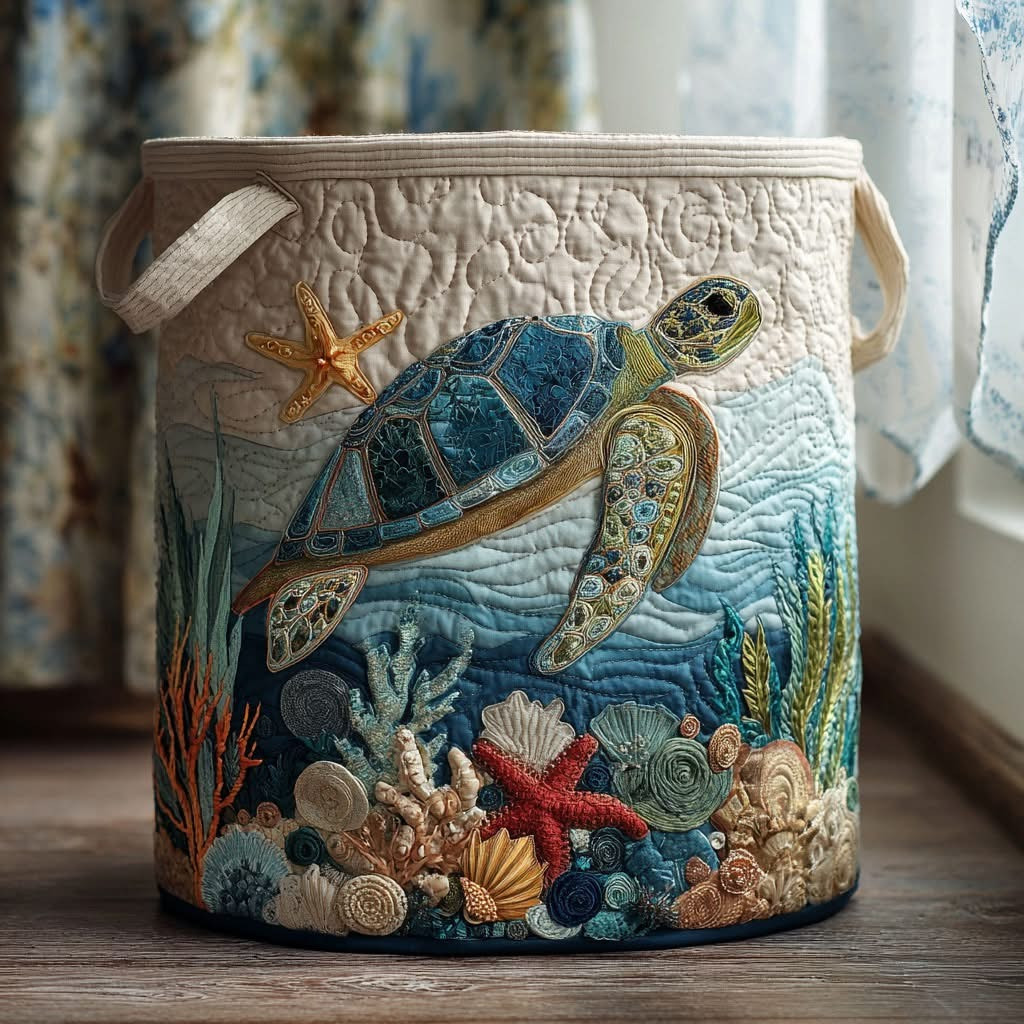 Sea Turtle Coral Current Quilted Laundry Basket Fabric Clothes Hamper Gifts For Turtle Lovers - Tradiviet