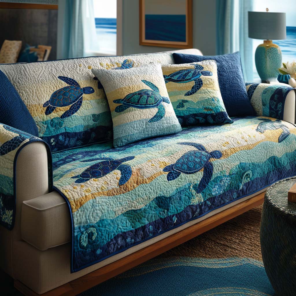 Sea Turtle Glow Quilted Sofa Cover Cool Sofa Slipcovers Gift Ideas For Sea Turtle Lovers - Tradiviet