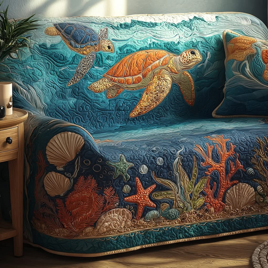 Sea Turtle Haven Swim Quilted Sofa Cover Ocean Themed Couch Covers Gifts For Sea Turtle Lovers - Tradiviet