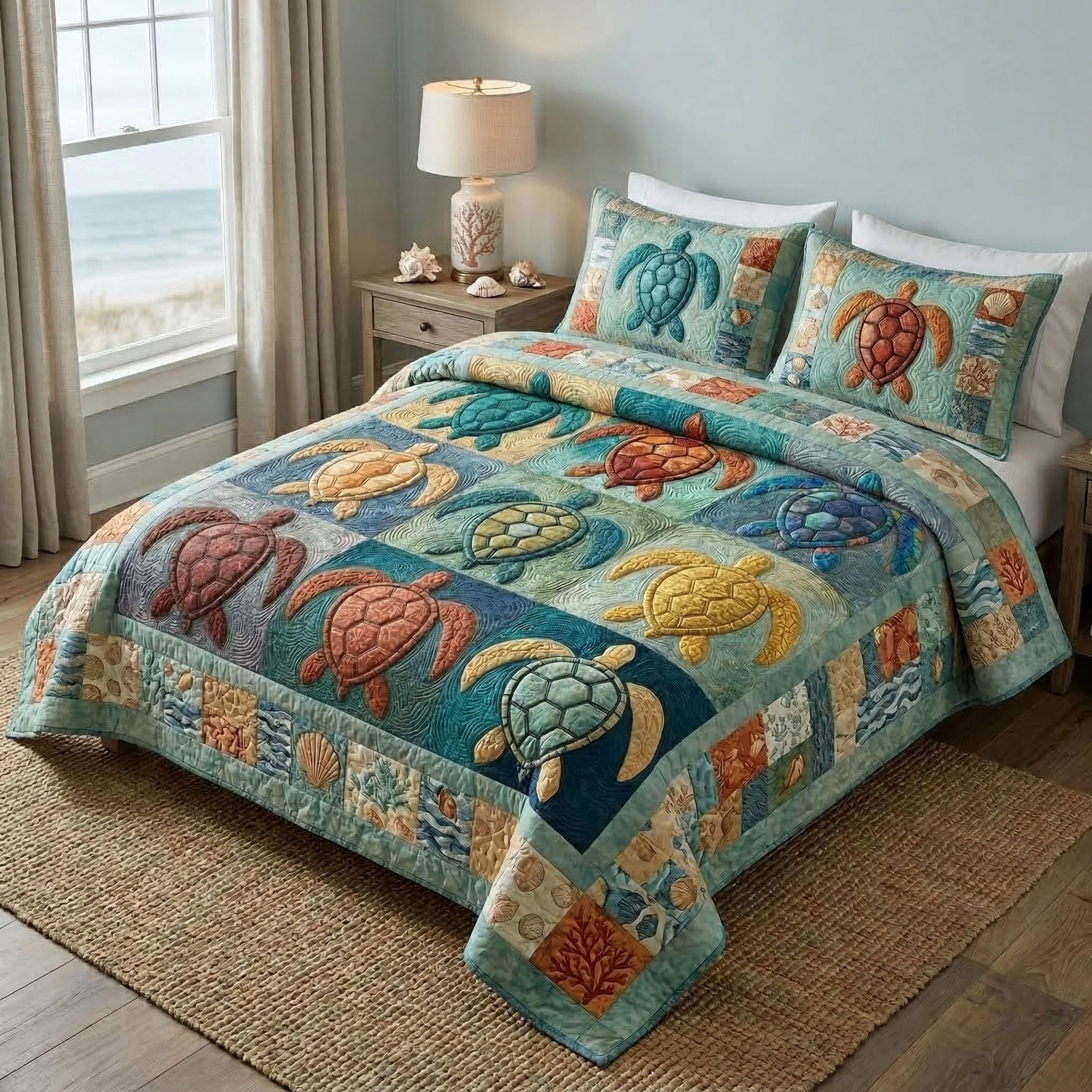 Sea Turtle Quilted Bedding Set Coastal Nautical Duvet Cover Bedroom Decor Merch Gift Ideas - Tradiviet