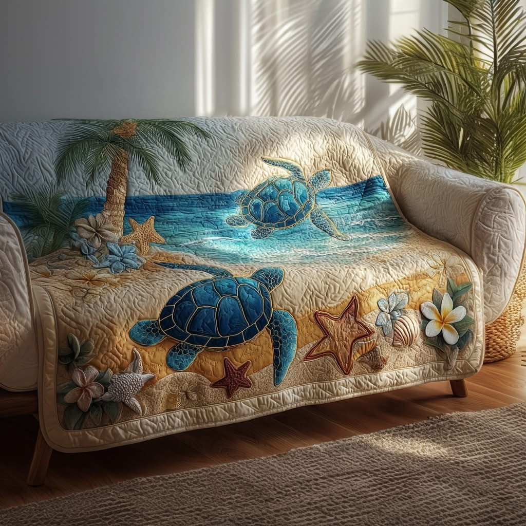 Sea Turtle Shoreline Quilted Sofa Cover Ocean Themed Couch Decor Gifts For Sea Turtle Lovers - Tradiviet