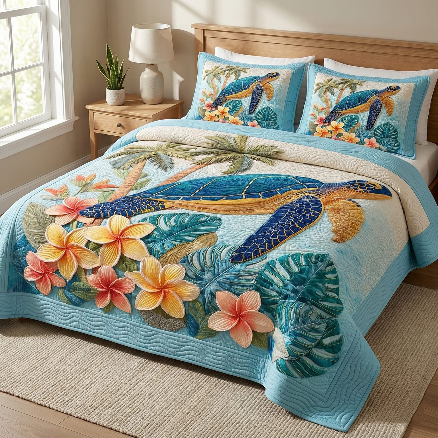 Sea Turtle Tropical Bloom Quilted Bedding Set Plumeria Duvet Cover Bedroom Decor Gift - Tradiviet