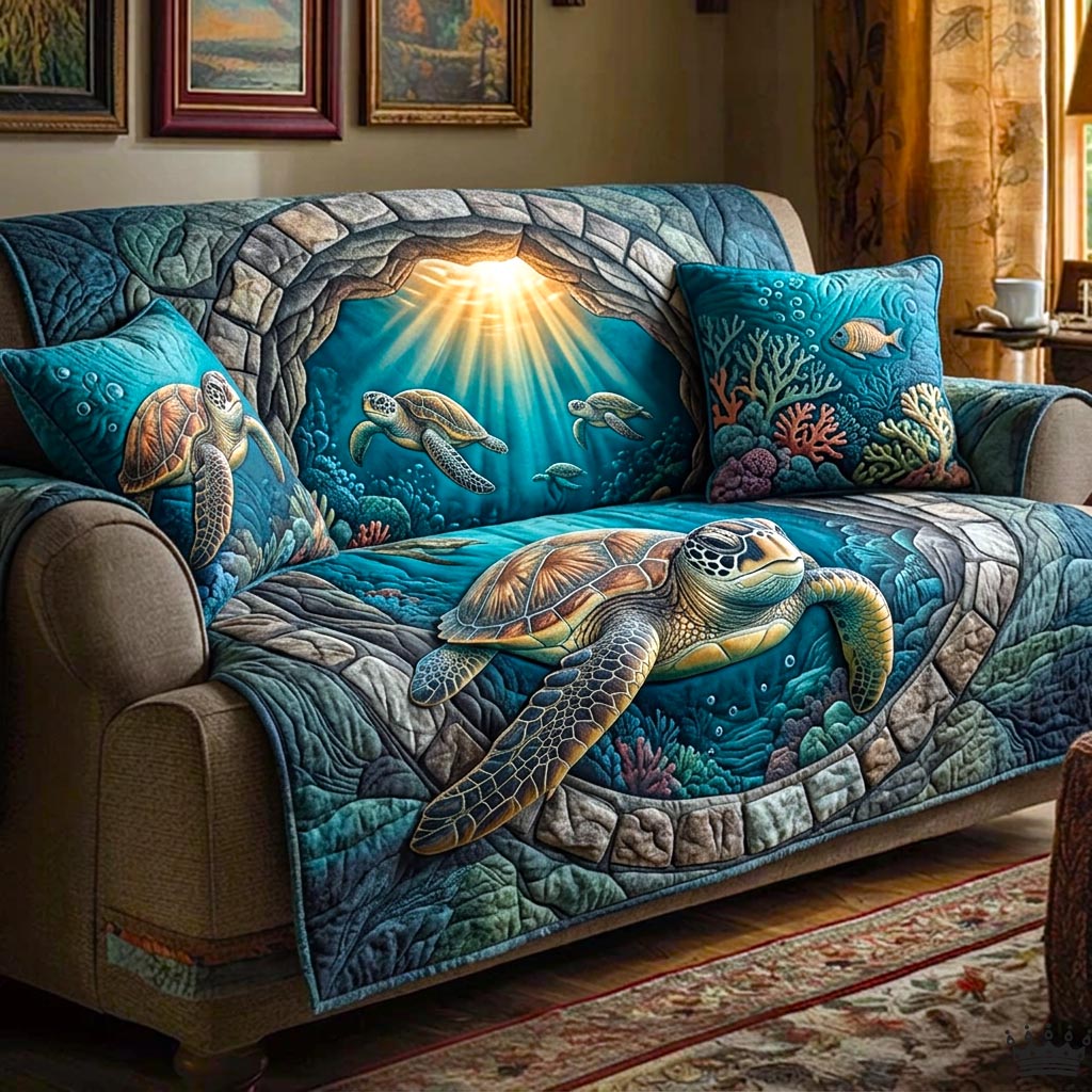 Seashell Calm Quilted Sofa Cover Coastal Home Couch Cover Gift For Home Decor - Tradiviet