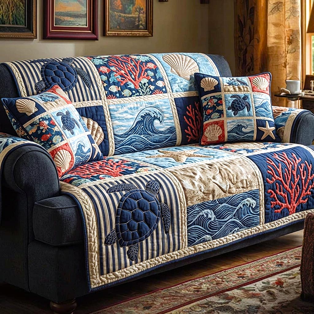 Seashell Calm Quilted Sofa Cover Coastal Home Couch Cover Home Gifts For Him - Tradiviet
