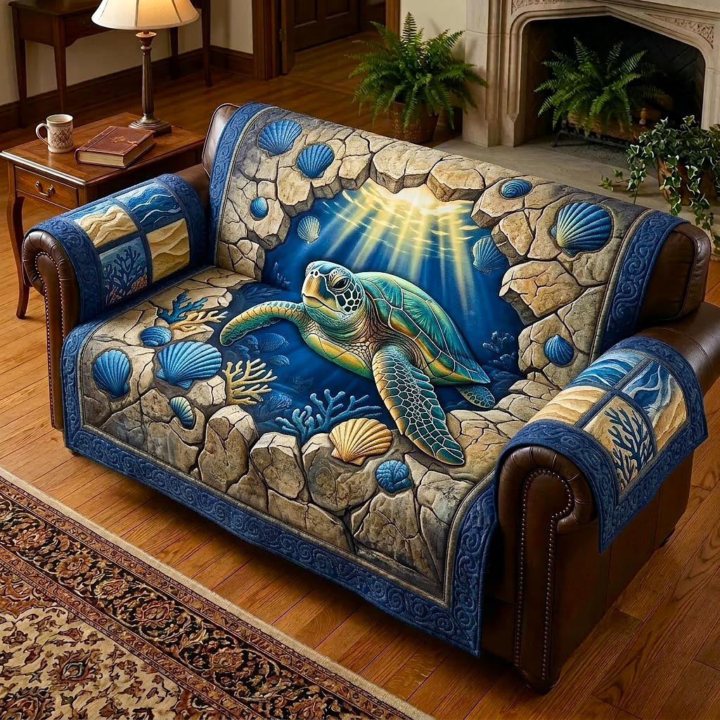Seashell Calm Quilted Sofa Cover Coastal Home Couch Cover Room Gift For Her - Tradiviet