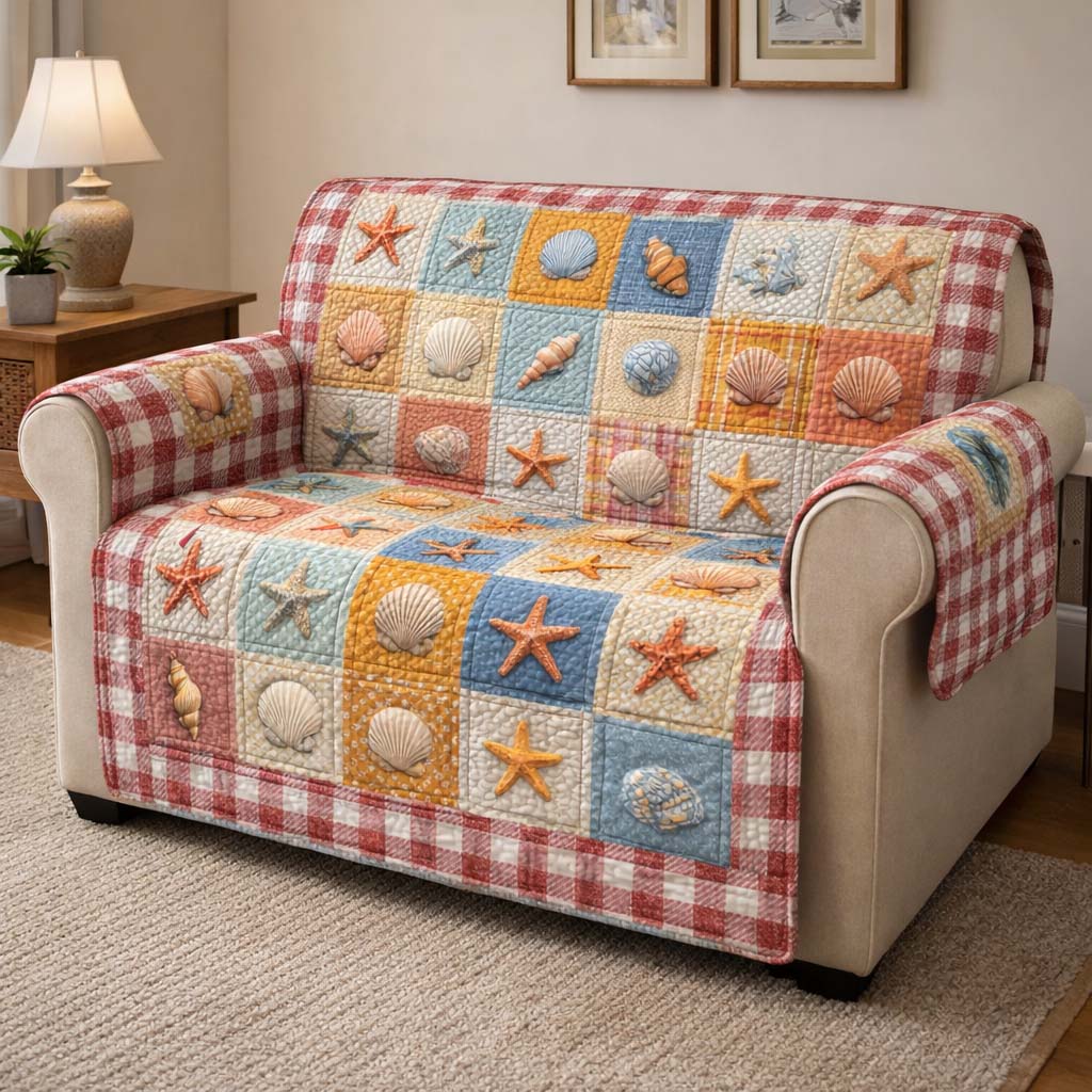 Seaside Gingham Quilted Sofa Cover Coastal Home Couch Cover Cozy Home Decor Gifts - Tradiviet