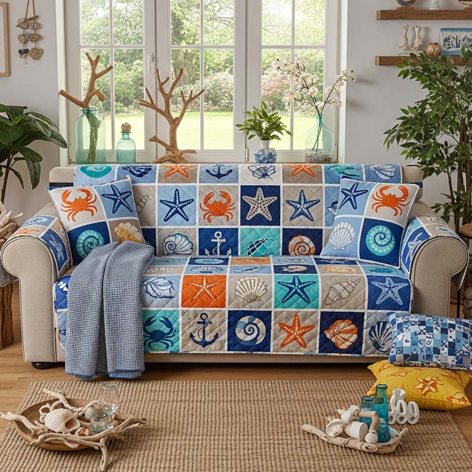 Seaside Mosaic Quilted Sofa Cover Coastal Home Couch Cover Present For New Home - Tradiviet