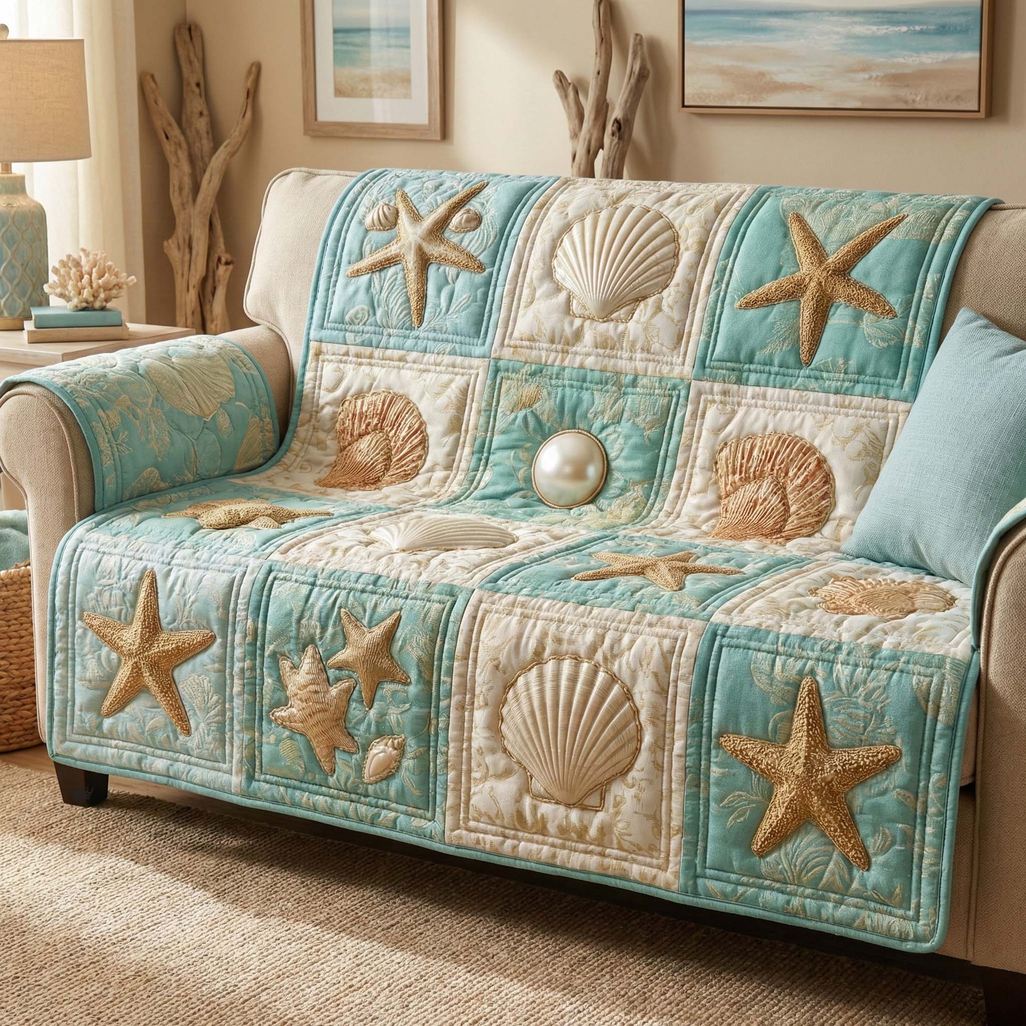 Seaside Shells Quilted Sofa Cover Coastal Home Couch Cover Interior Design Gift Ideas - Tradiviet
