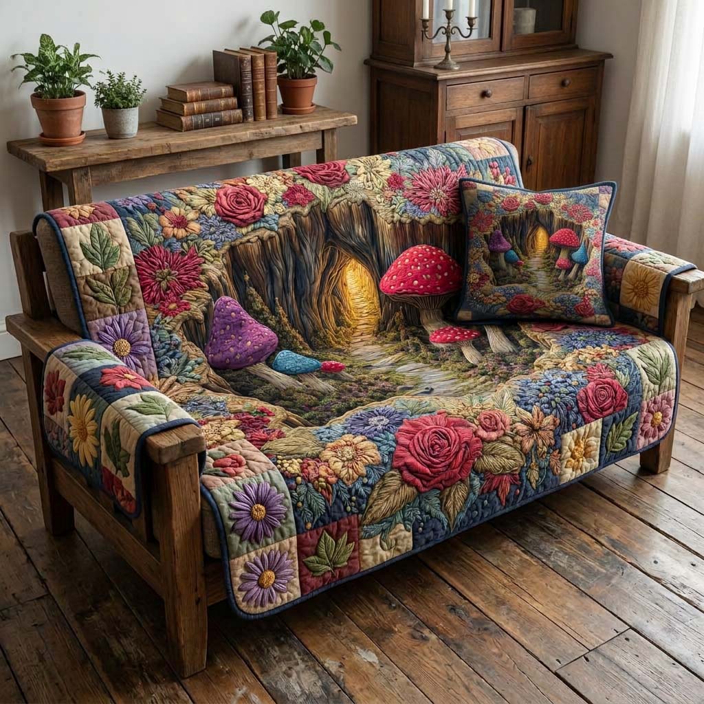 Secret Mushroom Path Quilted Sofa Cover Room Decor Inspiration Best Room Decor Gifts - Tradiviet