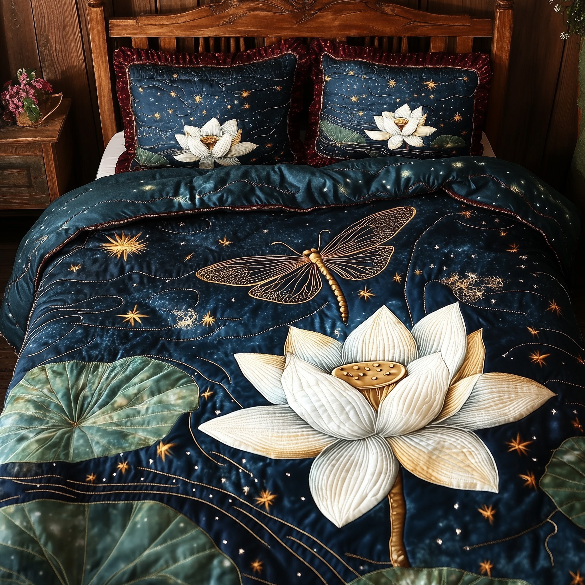 Serene Dragonfly Quilted Bedding Set Serene Dragonfly Midnight Gift For Serene Fans - Tradiviet