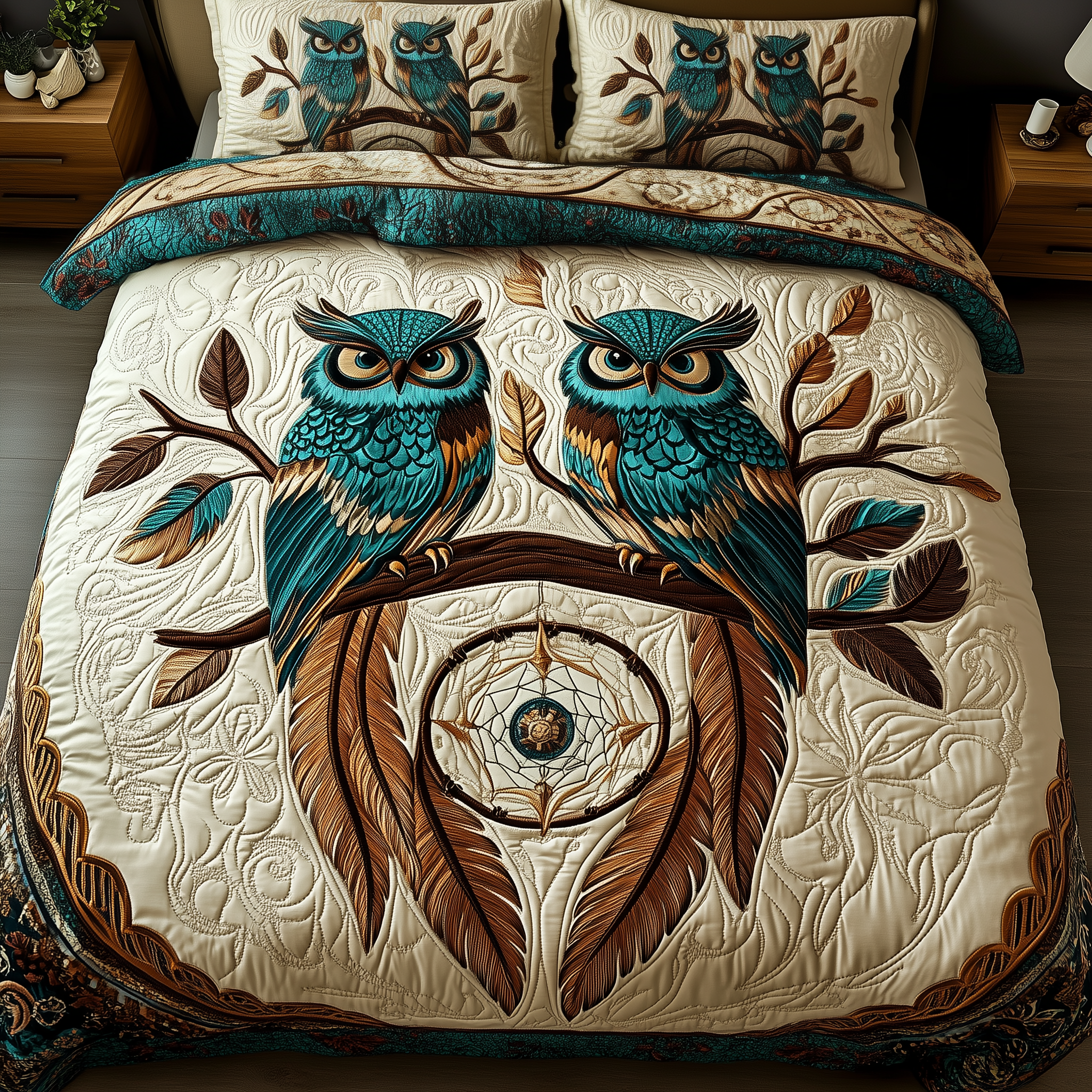 Serene Owl Guardians Quilted Bedding Set Serene Owl Scene Gift For Serene Owl - Tradiviet