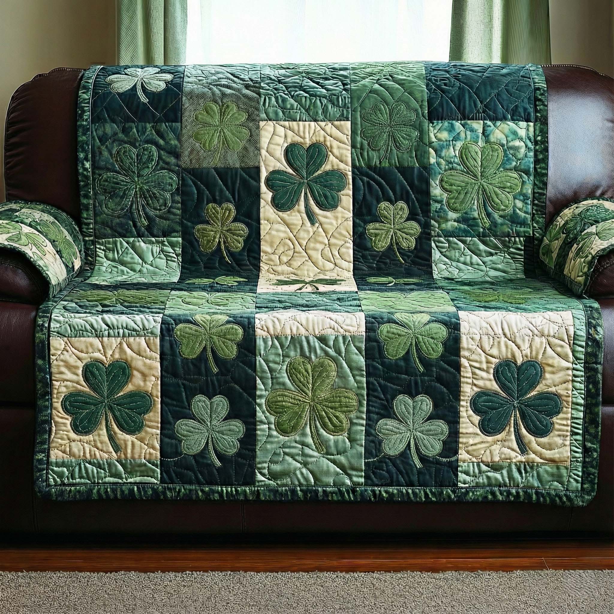 Shamrock Patch Quilted Sofa Cover Irish Home Couch Cover Bear Gifts For Him - Tradiviet