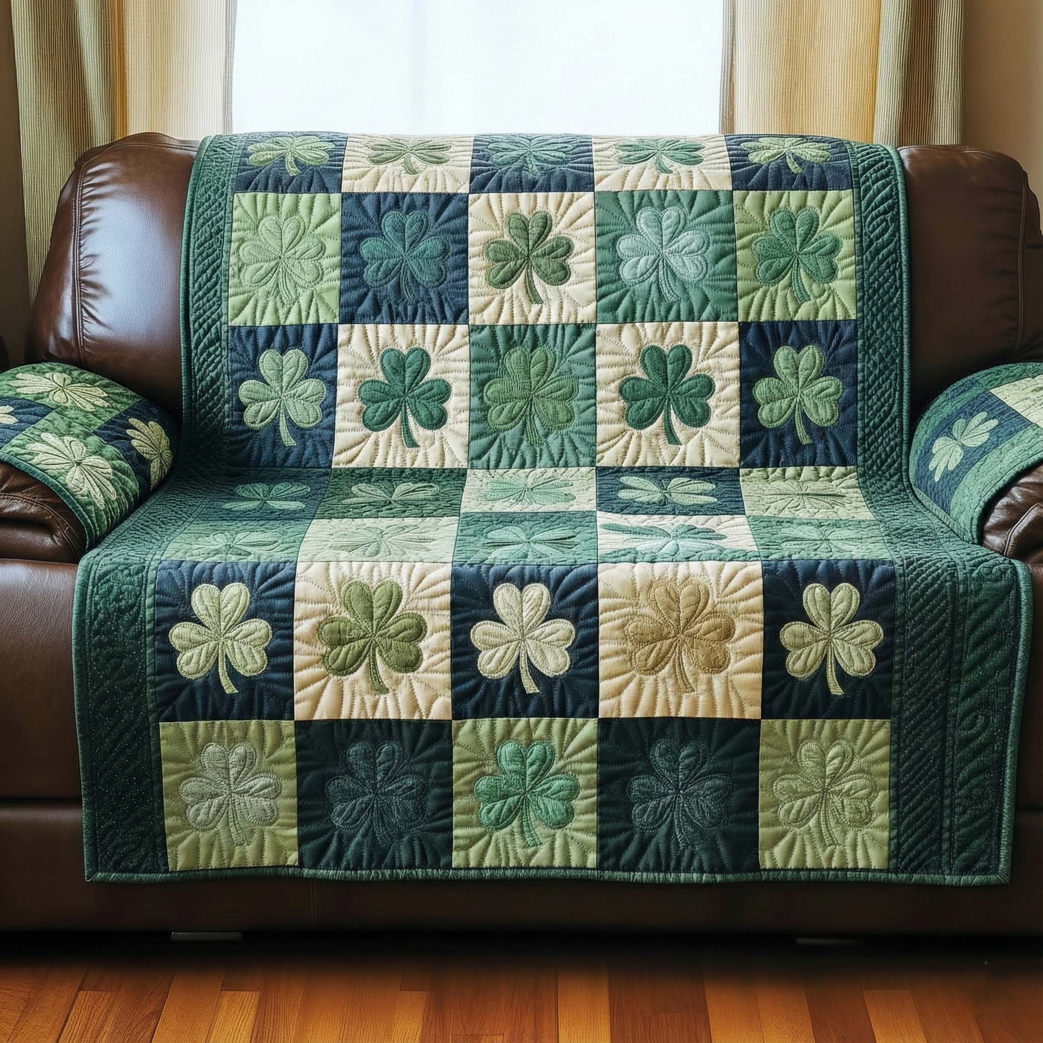 Shamrock Patch Quilted Sofa Cover Irish Home Couch Cover Cozy Living Gift Ideas - Tradiviet