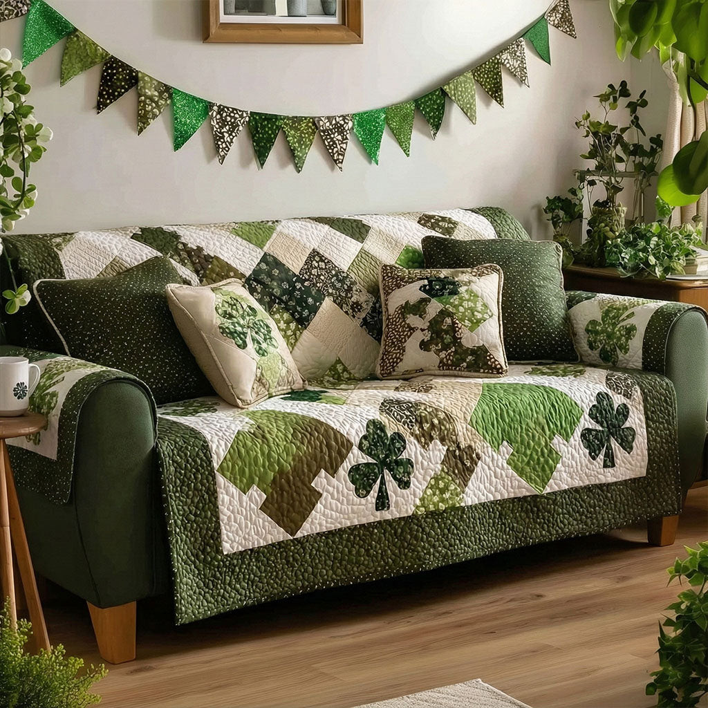 Shamrock Touch Quilted Sofa Cover Cool Couch Slipcovers St Patrick Gifts - Tradiviet
