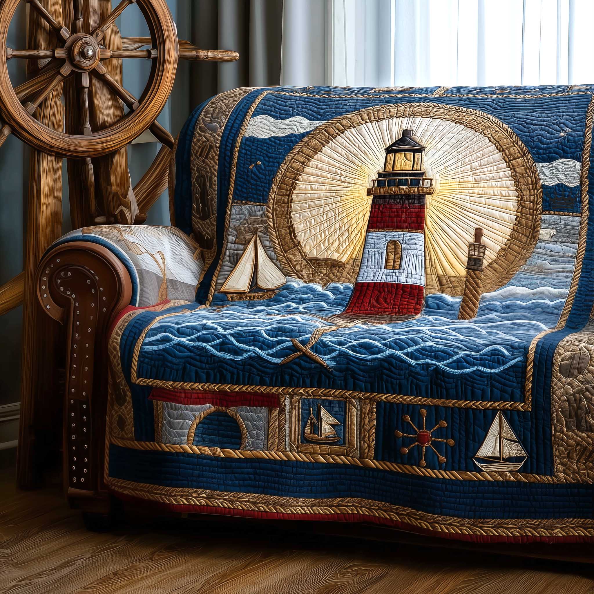Shell Breeze Quilted Sofa Cover Coastal Home Couch Cover Bear Gifts For Baby - Tradiviet