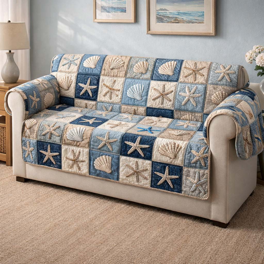 Shell Mosaic Quilted Sofa Cover Coastal Home Couch Cover Perfect Housewarming Gift Ideas - Tradiviet
