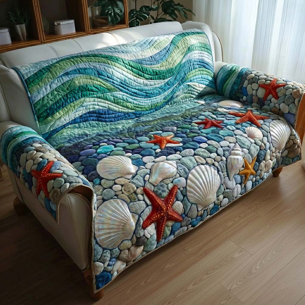 Shell Serenity Quilted Sofa Cover Coastal Home Couch Cover Cozy Living Gift Ideas - Tradiviet