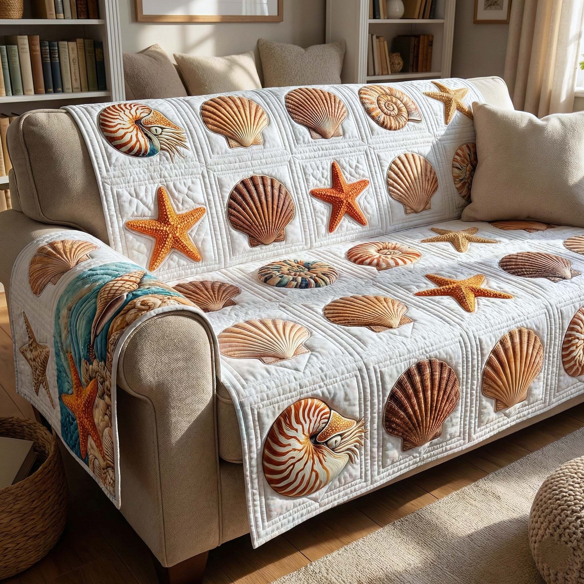 Shell Serenity Quilted Sofa Cover Coastal Home Couch Cover Gift For Cozy Spaces - Tradiviet
