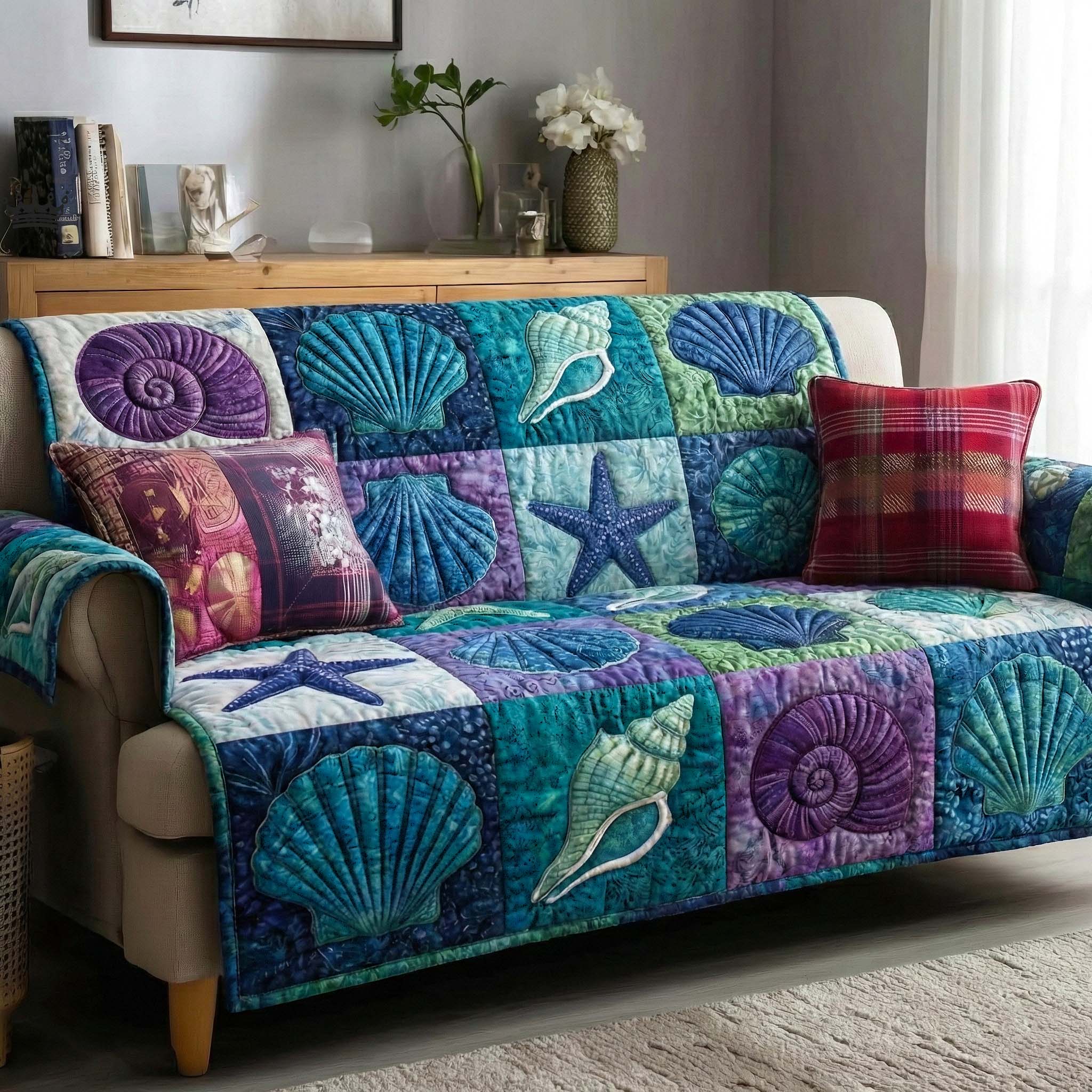 Shell Serenity Quilted Sofa Cover Coastal Home Couch Cover Gift For House Lover - Tradiviet