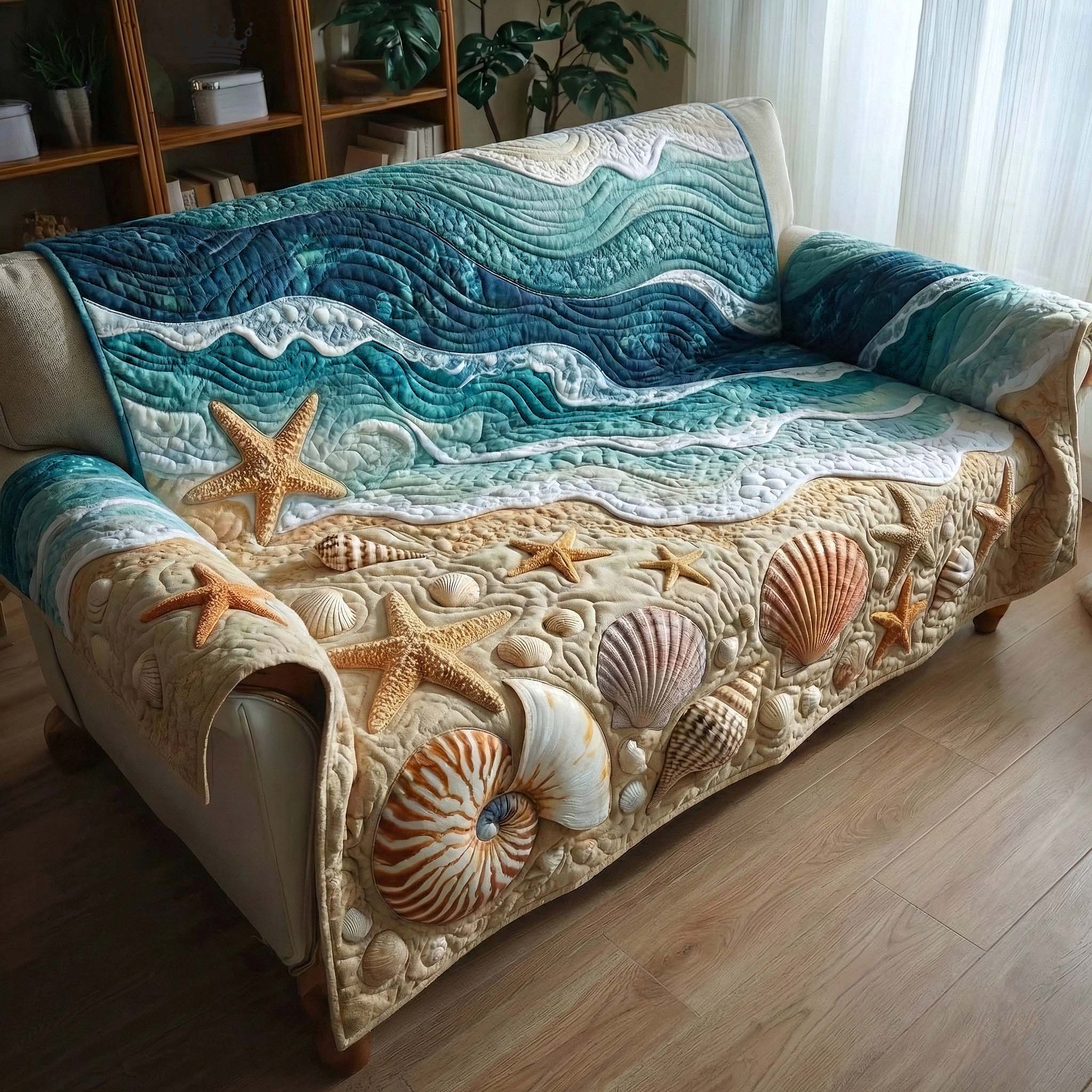 Shell Serenity Quilted Sofa Cover Coastal Home Couch Cover Gift For Living Room - Tradiviet