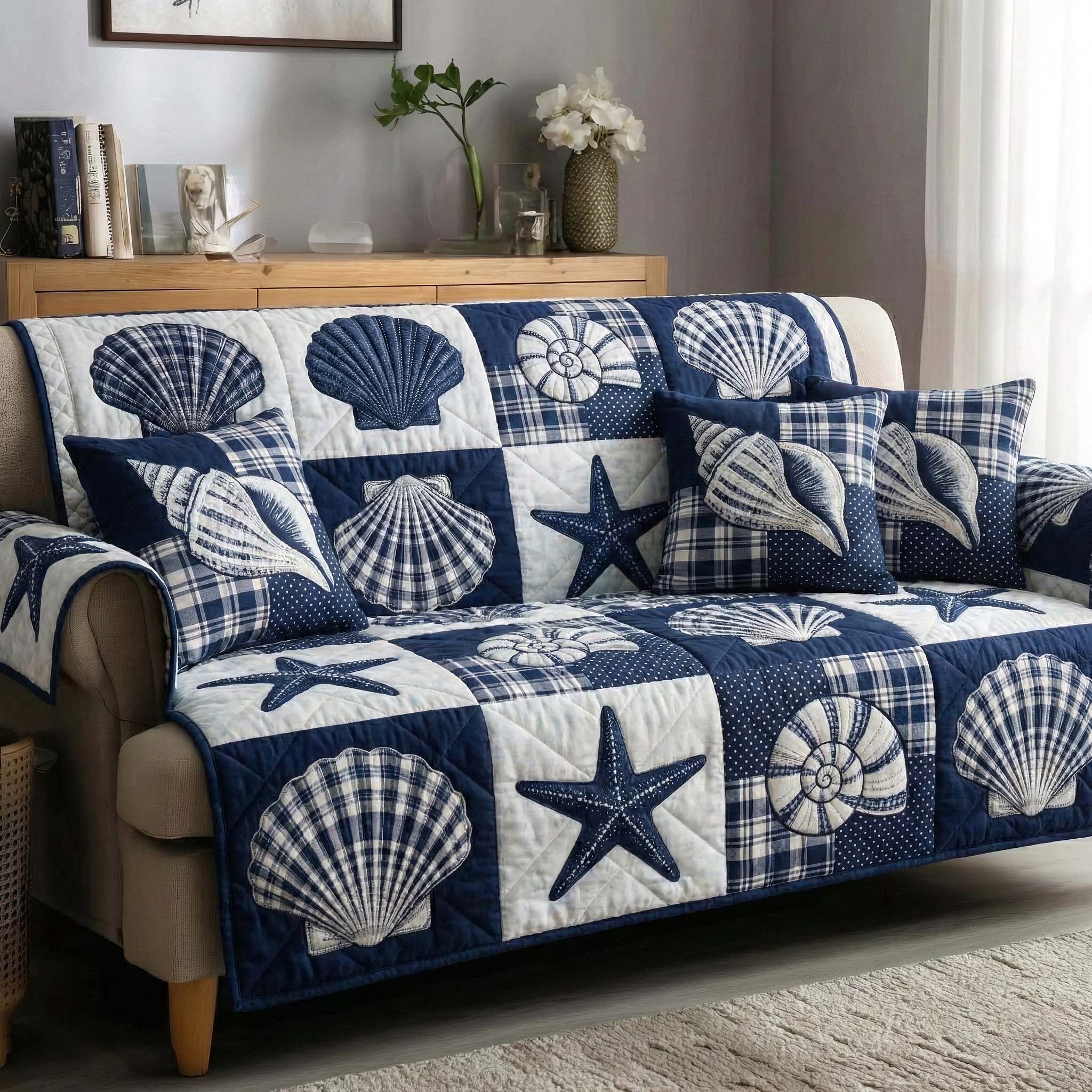 Shell Serenity Quilted Sofa Cover Coastal Home Couch Cover Gifts For Living Rooms - Tradiviet
