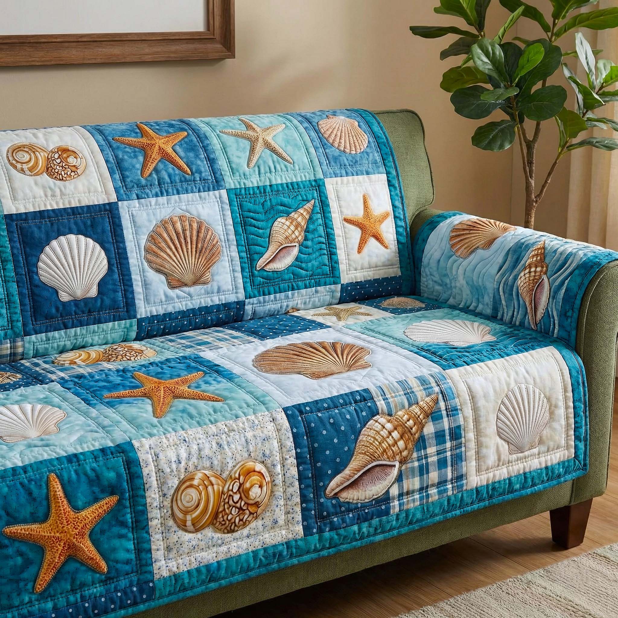 Shell Serenity Quilted Sofa Cover Coastal Home Couch Cover Interior Design Gift Ideas - Tradiviet