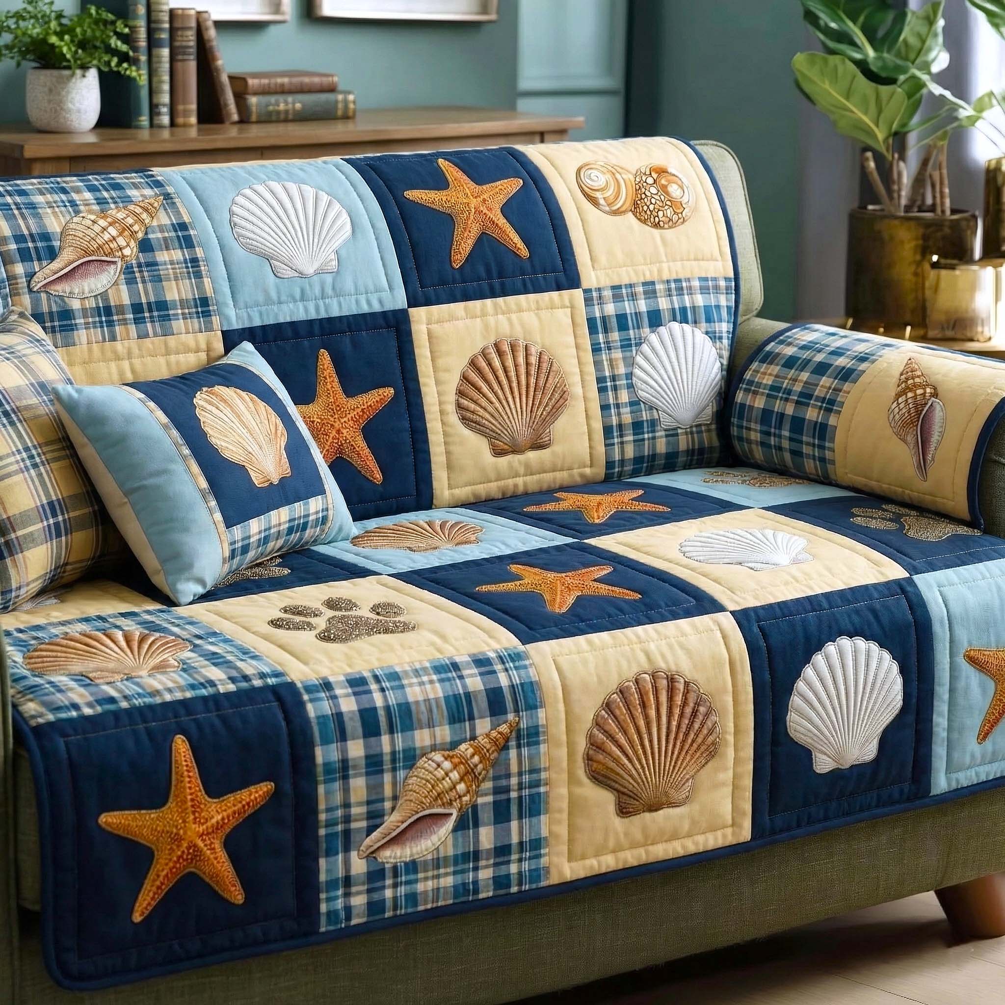 Shell Serenity Quilted Sofa Cover Coastal Home Couch Cover Presents For New Home - Tradiviet