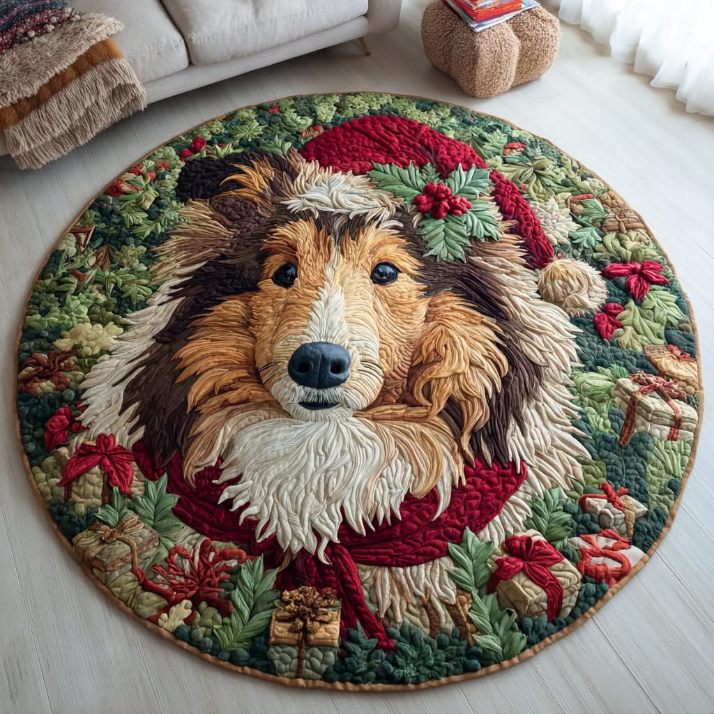 Shetland Sheepdog Wreath Quilted Round Mat Christmas Home Decor Gifts For Dog Lovers - Tradiviet