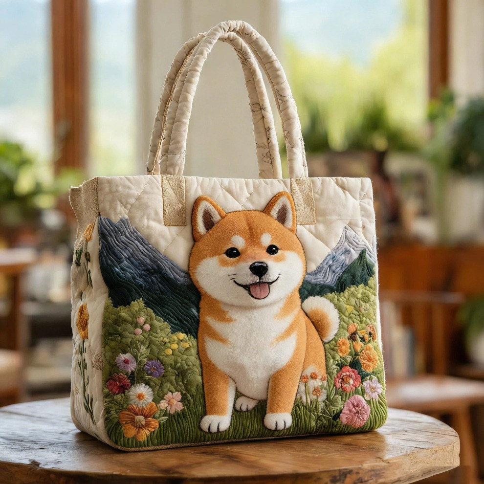 Shiba Inu Quilted Tote Bag Floral Cute Dog Tote Bag Best Gifts For Shiba Lovers - Tradiviet