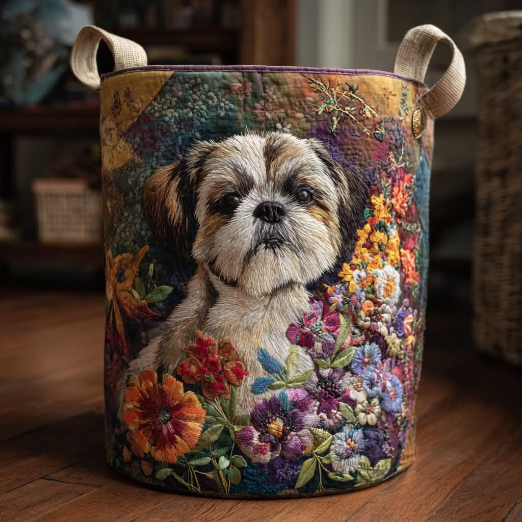 Shih Tzu Autumn Quilted Laundry Basket Best Laundry Basket Gifts For Shih Tzu Lovers - Tradiviet