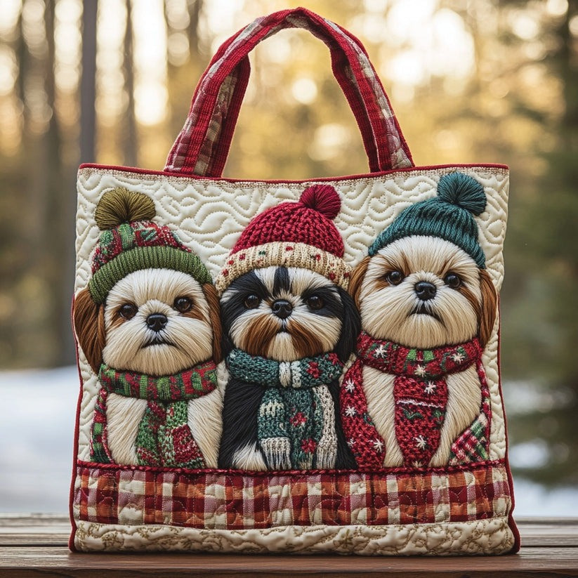 Shih Tzu Puppies Holiday Quilted Tote Bag Christmas Gift Ideas For Shih Tzu Lovers - Tradiviet