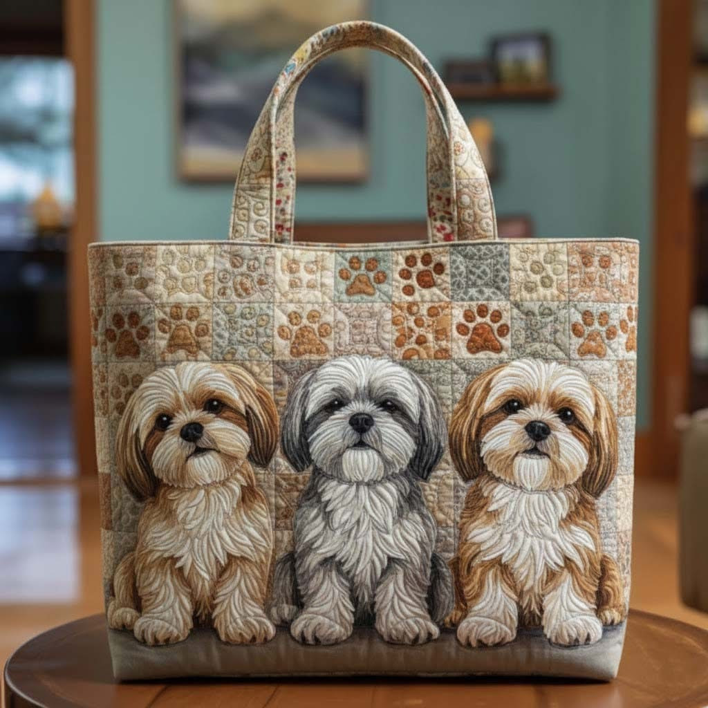 Shih Tzu Quilted Tote Bag Vintage Paw Bag Best Gifts For Shih Tzu Lovers For Her - Tradiviet